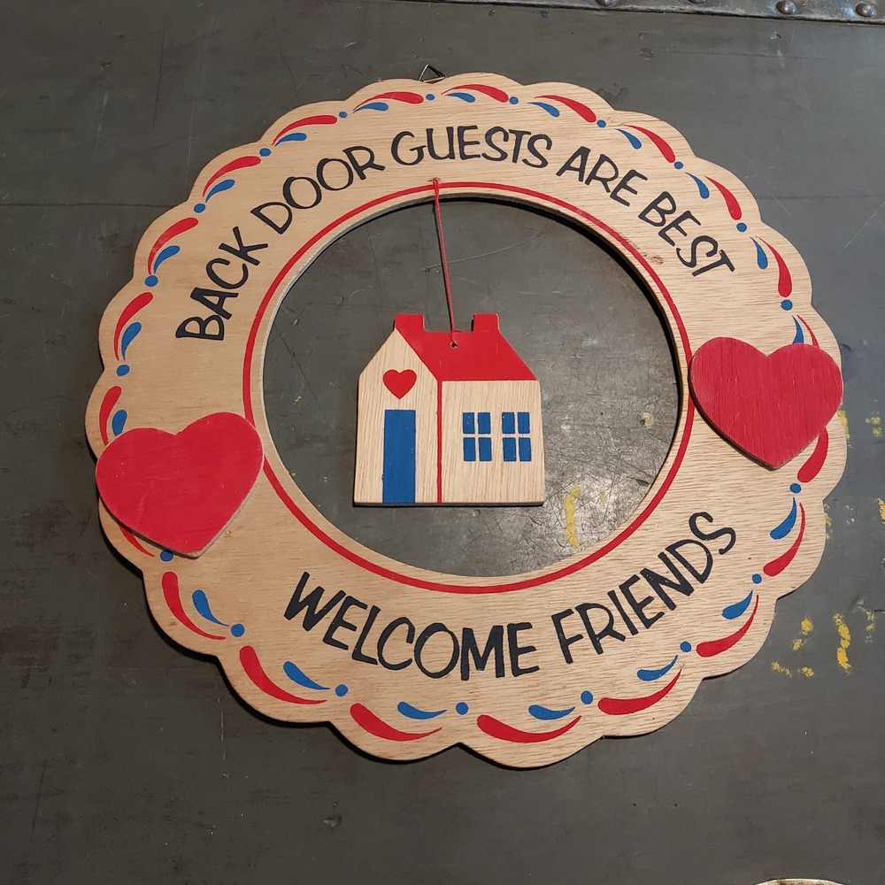 Vintage JSNY Wood Wall Plaque Back Door Guests Are Best Welcome Friends Folk Art